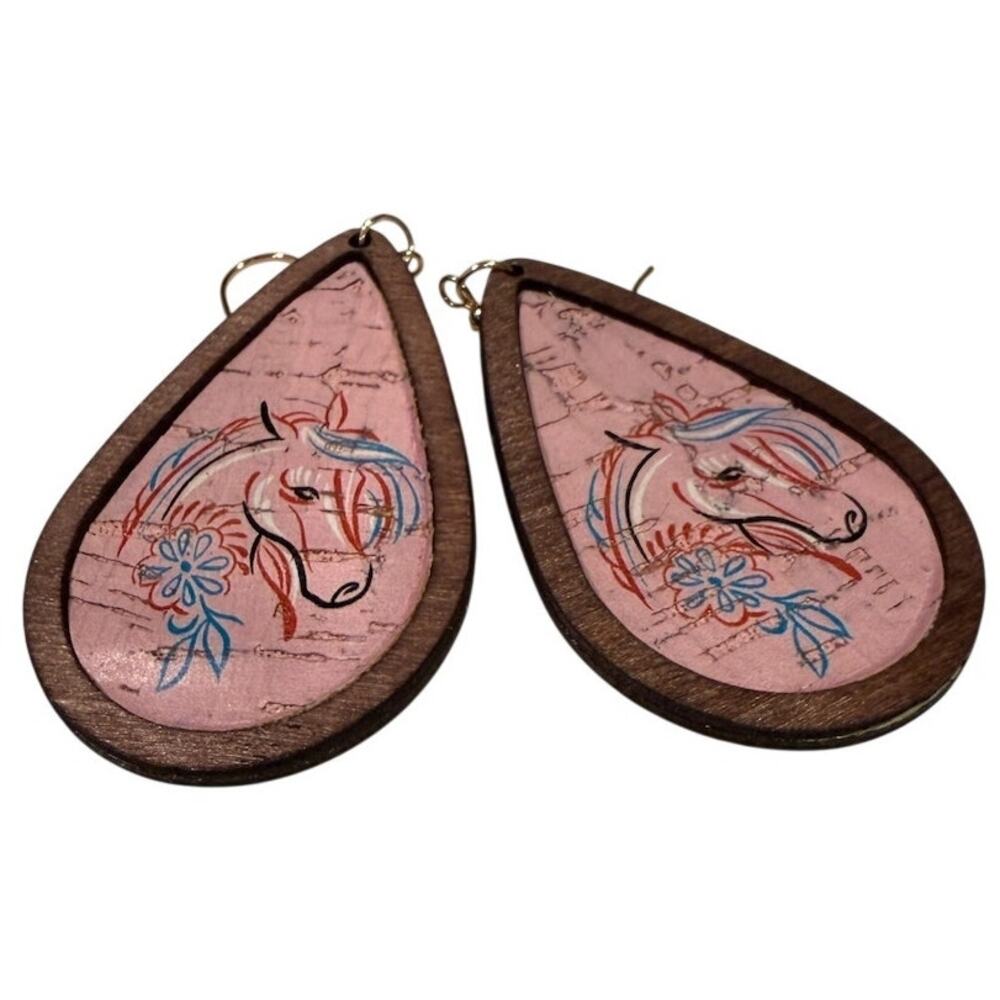 Horse Teardrop Dangle Earrings Pink Wood Boho Western Equestrian Cowgirl Gift‎